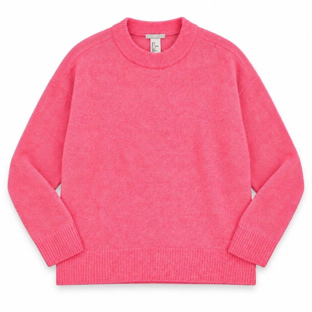 H&M Pink Mohair Wool Blend Oversized Sweater Size S Fuzzy Crewneck